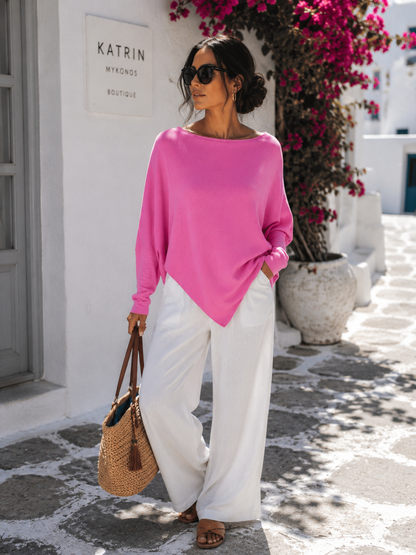 Asymmetrischer Feinstrickpullover mit Wasserfall-Ausschnitt – Lila & Rosé 34-38
