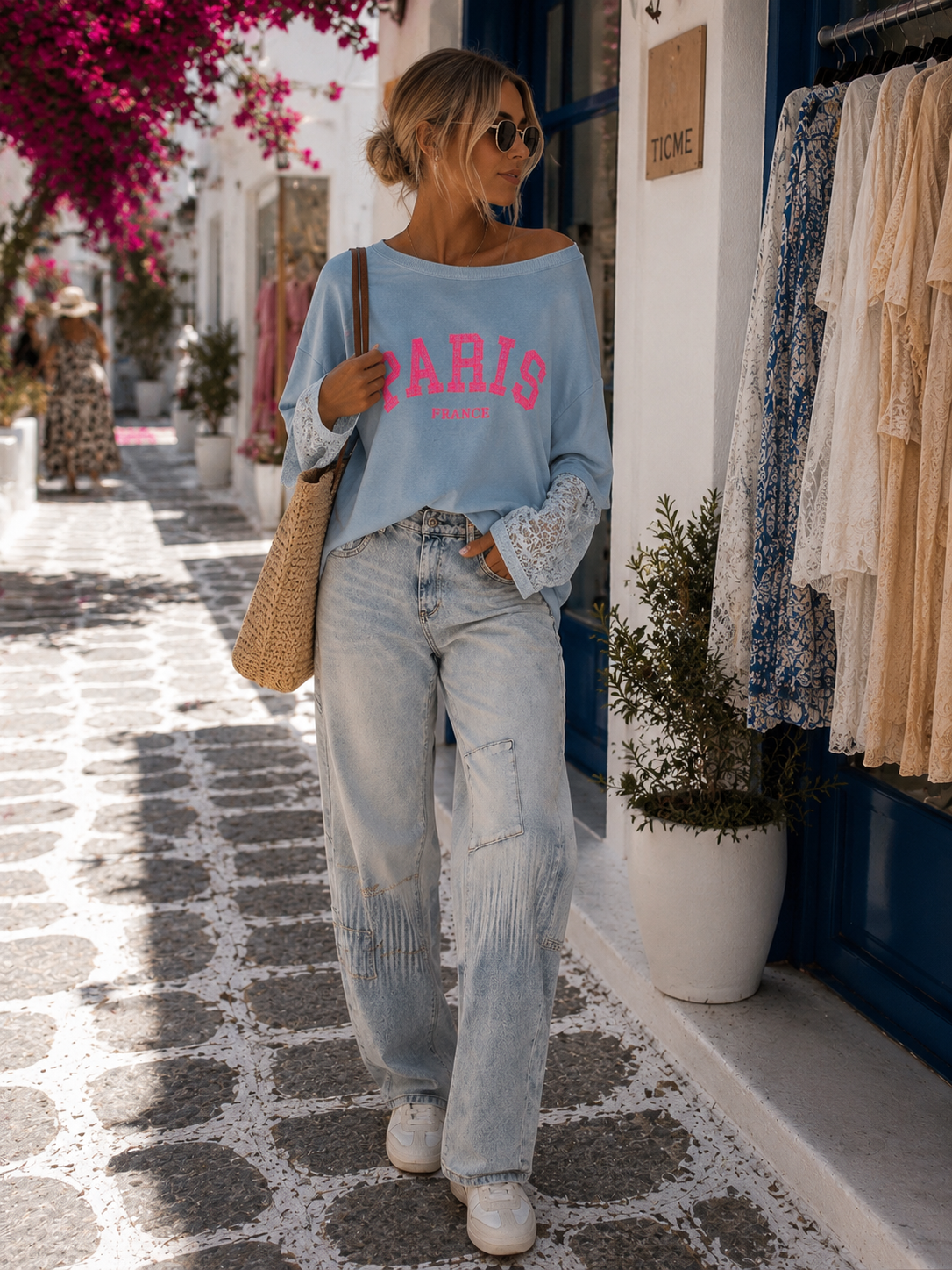 Paris Sweatshirt Women 100% Cotton | Neon Print | Lace Sleeves | Oversize 38–42 | 4 Colors