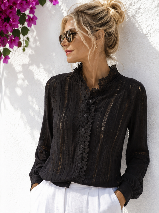 Saint Tropez Lace Bluse Schwarz – Luxus-Spitzenbluse im Ibiza-Style ✨🌸💖