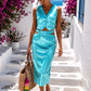 Metallic Midi Rock Türkis Damen – Cut-Out & Schlitz | Elegant & figurbetont Größe M