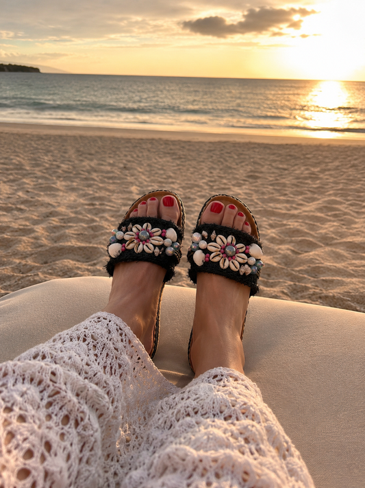 Schwarze Boho Plateau Sandalen mit Muscheln – Ibiza Glam Slides ✨
