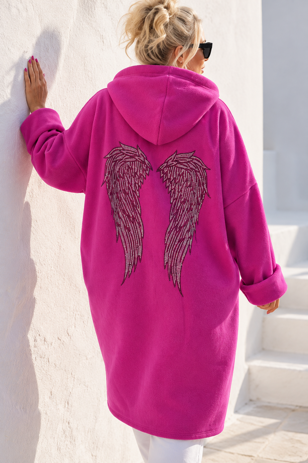 Curvy Longjacke Weiß und Pink mit Kapuze & Strassflügeln Oversize Gr 44-54