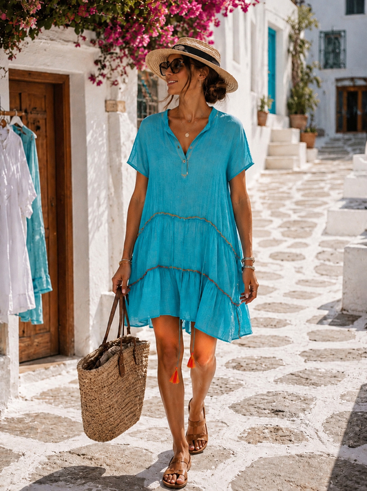 Exklusive Boho Luxus Tunika Türkis – Oversize Baumwollkleid mit Neonquasten (36–46)