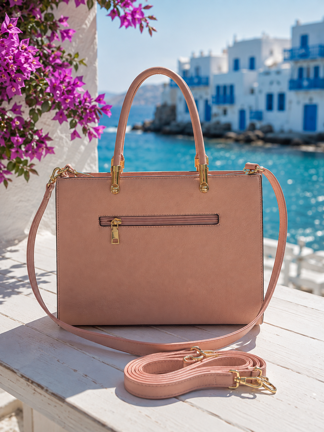 Damen Handtasche Zartrosa – Elegante Schultertasche mit Gold-Details & Pompon | 30 cm