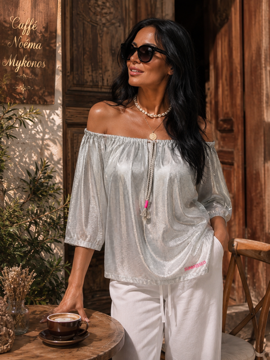 Yippie Hippie Damen Bluse Metallic Weiß Silber | Off-Shoulder | Modal Baumwolle