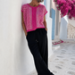 Yippie Hippie Damen Strickpullunder Pink mit Muster – Alpaka Mix Kurzarm