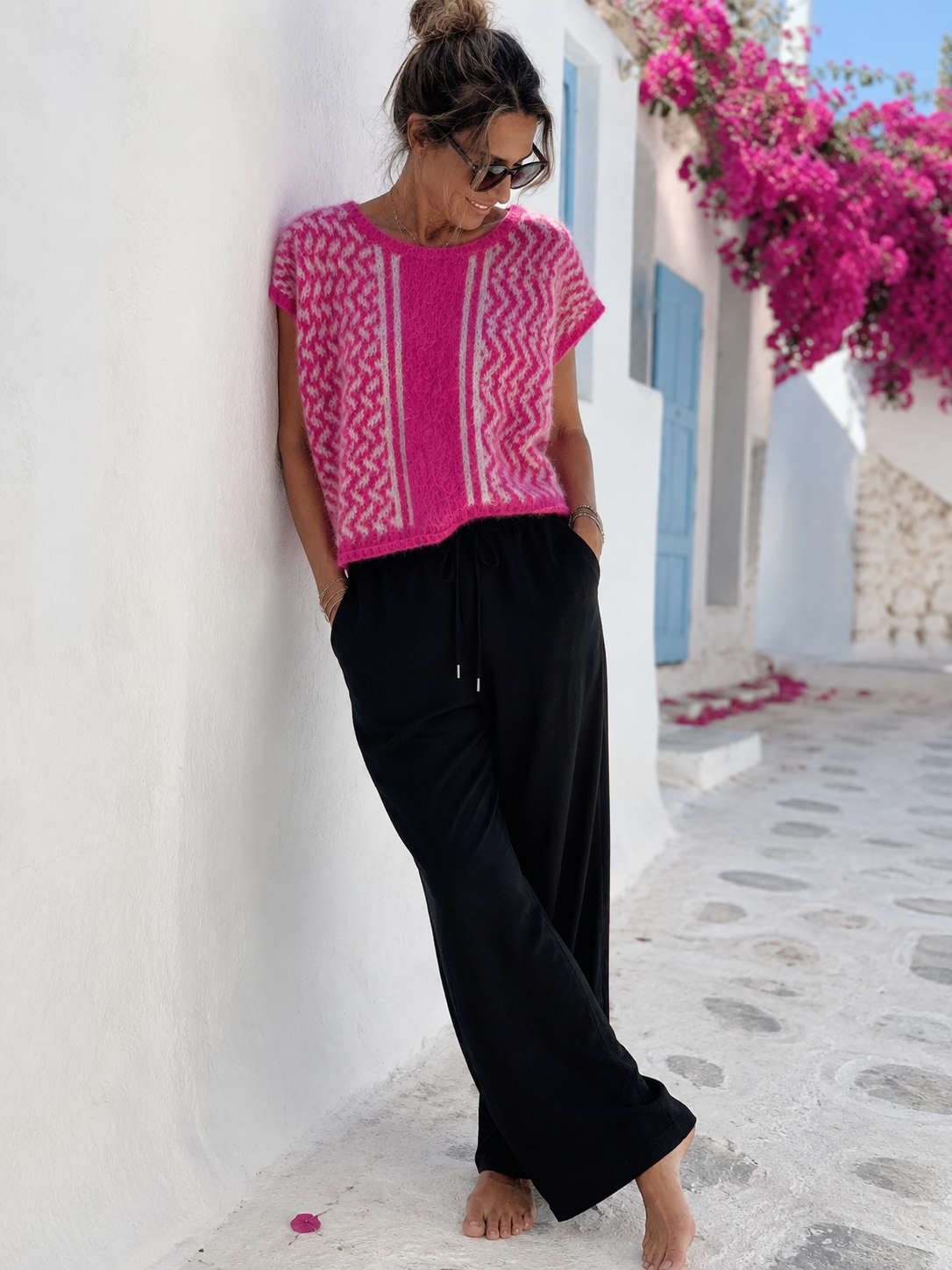 Yippie Hippie Damen Strickpullunder Pink mit Muster – Alpaka Mix Kurzarm