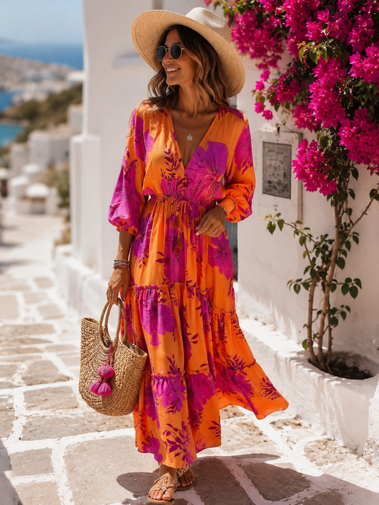 Ibiza Summer Dress for Women - Long Maxi Dress Pink Orange (38-42)