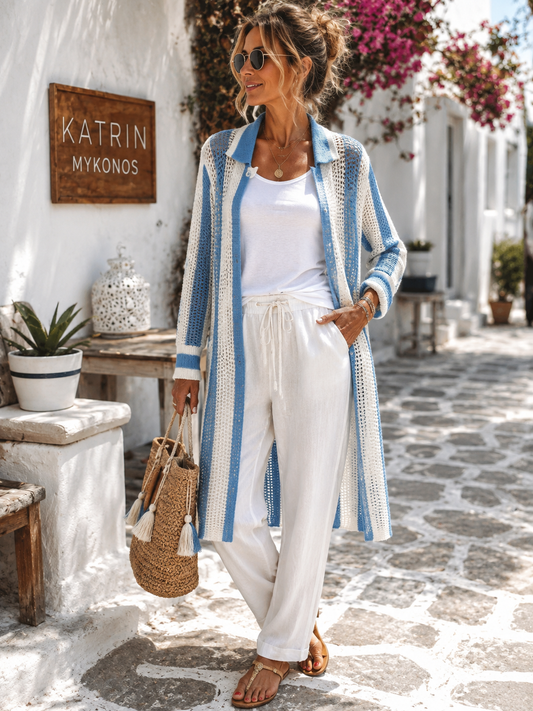 🌊 Coastal Chic Cardigan Knit Dress - Blue-White Crochet Look with Vacation Flair 34-38