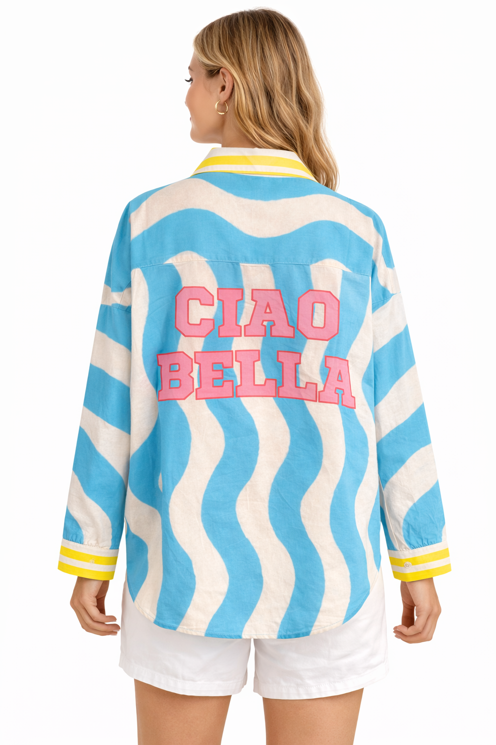 Yippie Hippie Damen Langarmbluse Blau-Weiß mit Wellenmuster & Ciao Bella Print – Baumwolle