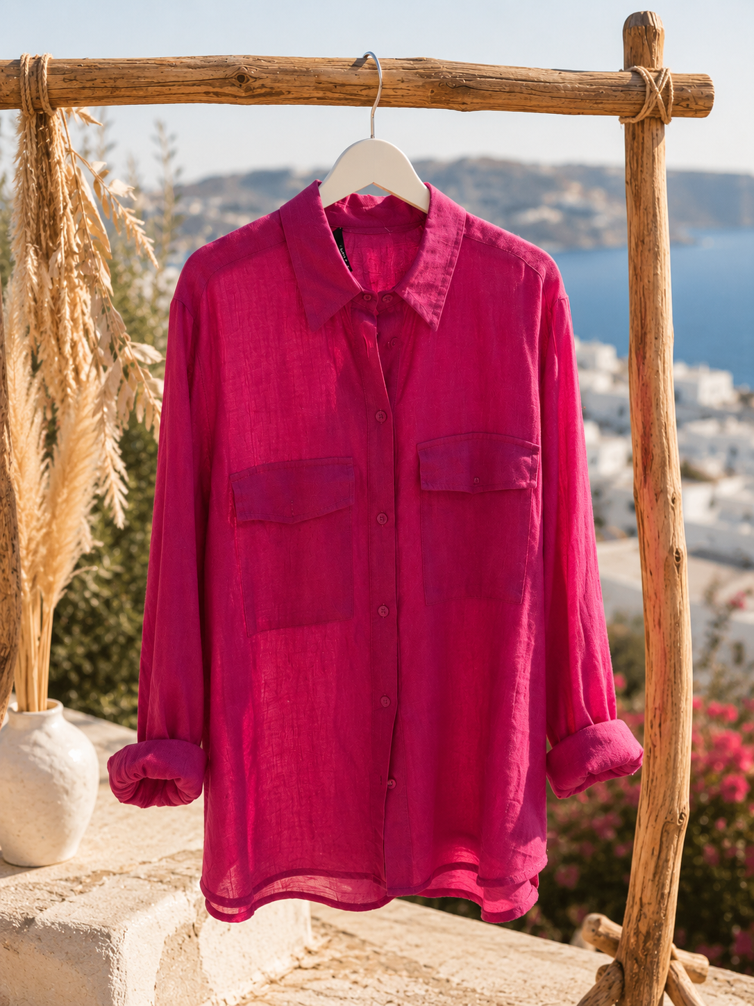 Damen Leinenbluse Bordeaux/Fuchsia M/L – luftige Sommerbluse mit Hemdkragen | Boutique in Heaven