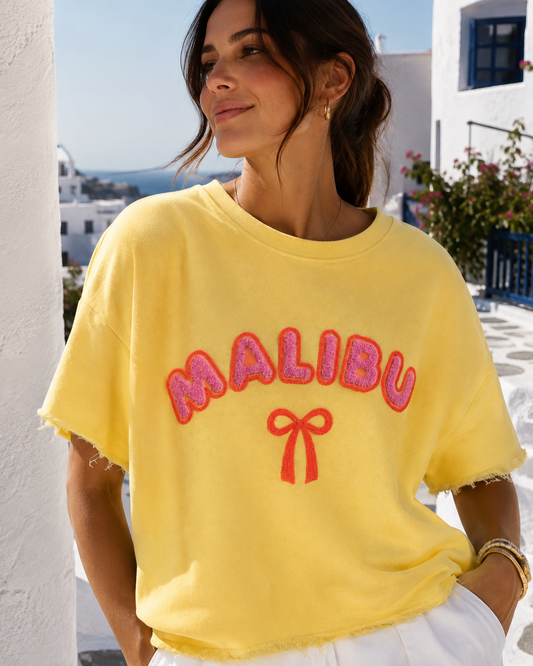 Malibu Kurzarm Sweatshirt Gelb mit Neon-Aufschrift – Damen 38–42