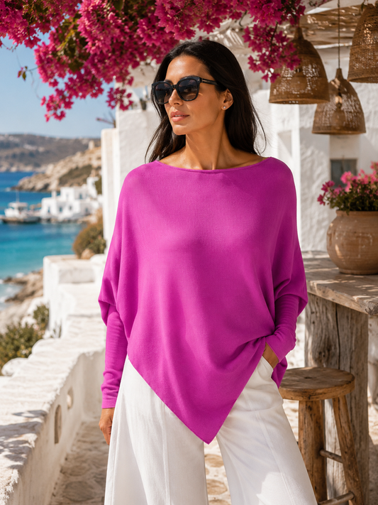 Asymmetrischer Feinstrickpullover mit Wasserfall-Ausschnitt – Lila & Rosé 34-38