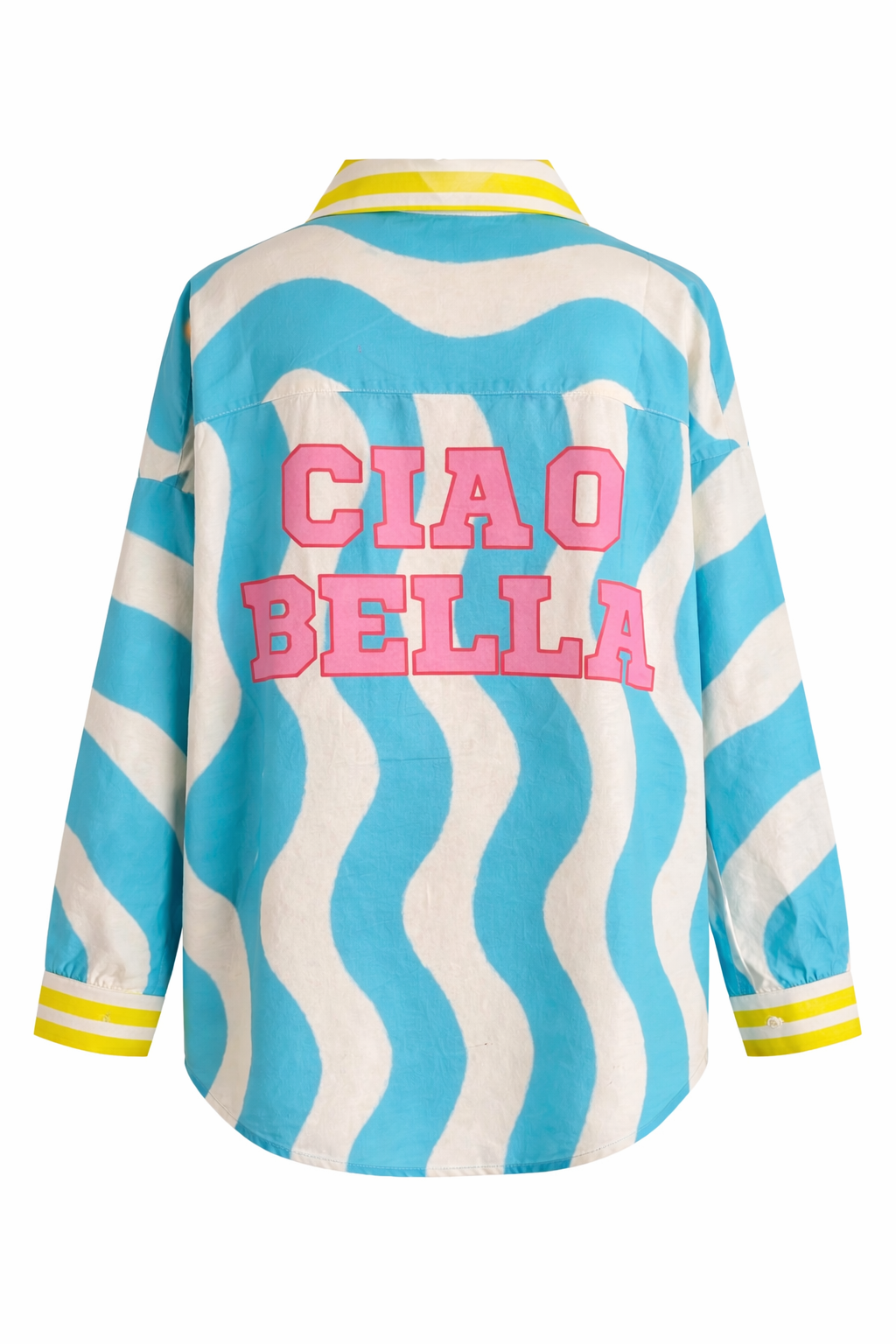 Yippie Hippie Damen Langarmbluse Blau-Weiß mit Wellenmuster & Ciao Bella Print – Baumwolle