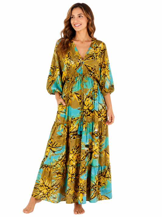 Seiden Maxikleid Damen Blau-Gold – Boho Kleid mit V-Ausschnitt & Schnürung | (38–42)