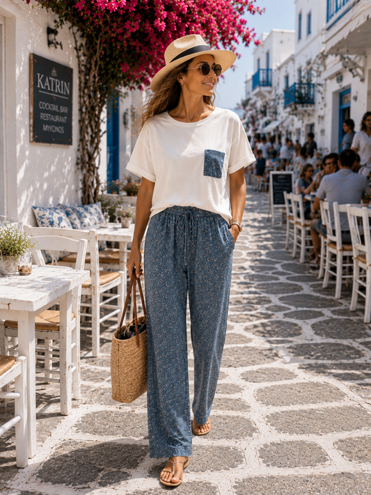 Damen Zweiteiler Mykonos Blue – Leichter Sommerlook mit Viskosehose & Shirt 38-42