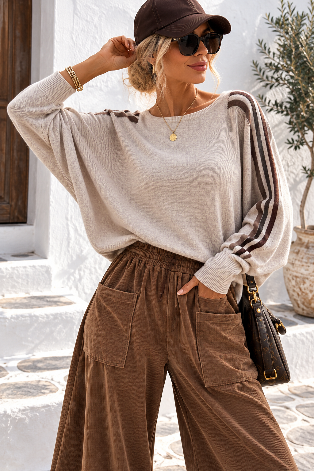 Damen Pullover mit Seitenstreifen – Flauschig, Fledermausärmel, Gr. 38–42+, Rosa Beige Braun Bordeaux