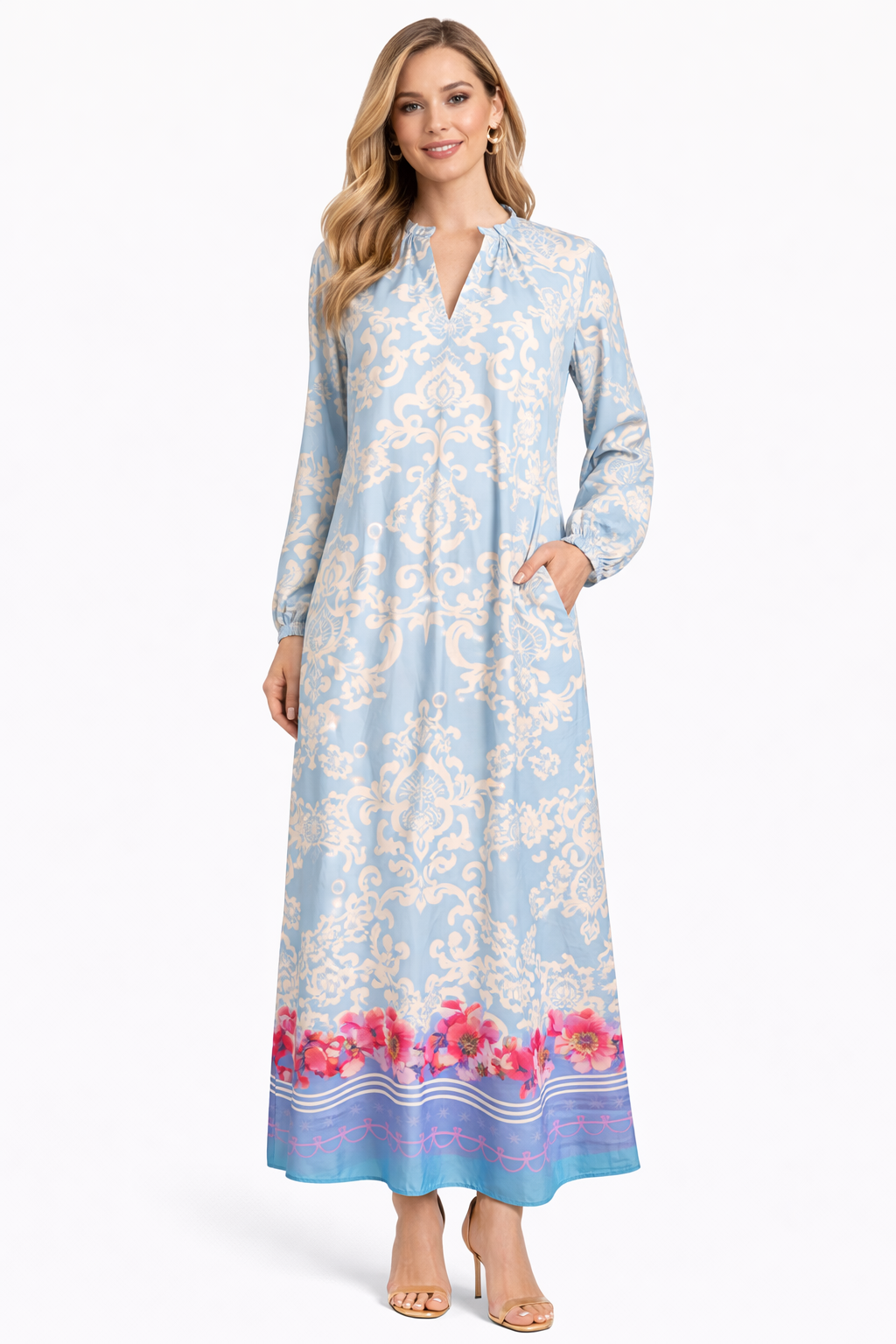 Yippie Hippie Damen Maxikleid Blau Creme – Sommerkleid mit Blumenprint