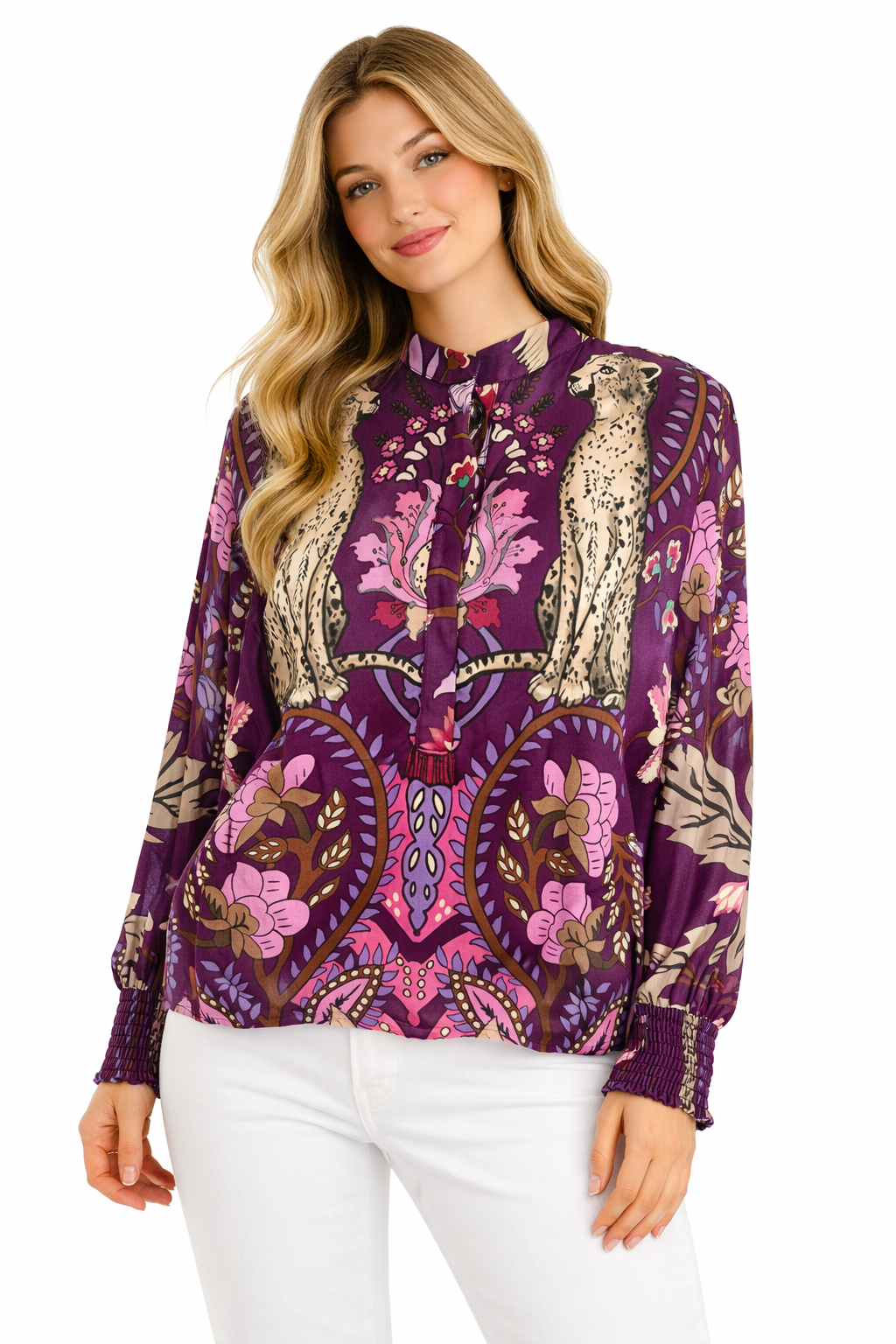 Yippie Hippie Damenbluse – Viskose Boho Bluse mit Leopardenmuster