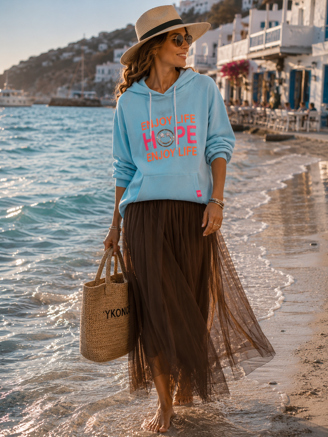 💙 Twin Heart Hoodie "Enjoy Life Hope" - Oversize Hoodie with Rhinestones | Light Blue | L/XL