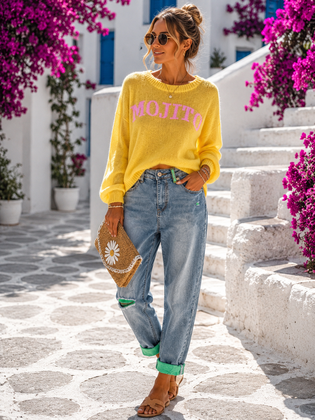 Boyfriend Jeans Damen Blau mit grünen Details – Used Look Jeanshose mit Umschlag