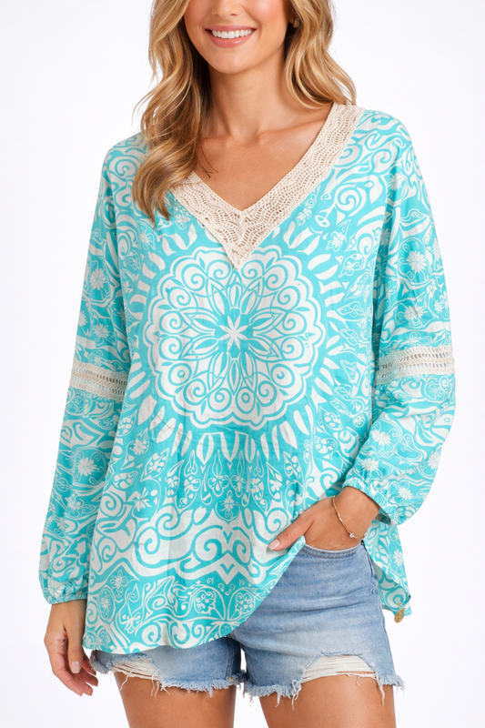 Hippie Hippie Damen Bluse Tunika mit Mandala-Print – Türkis, Baumwolle & Viskose