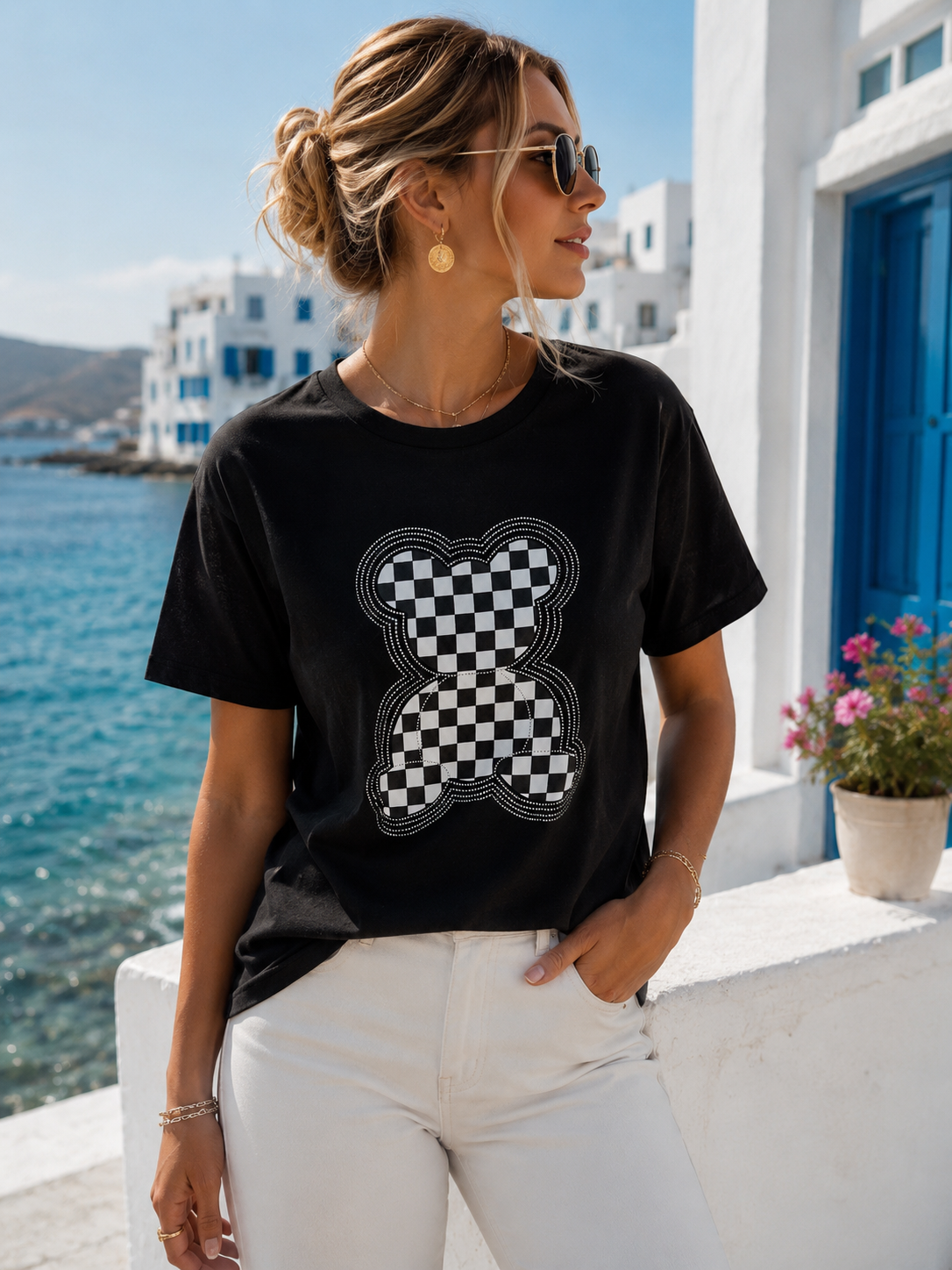 Schwarzes Damen T-Shirt mit Teddy Print & Strasssteinen – Baumwollshirt 38–42