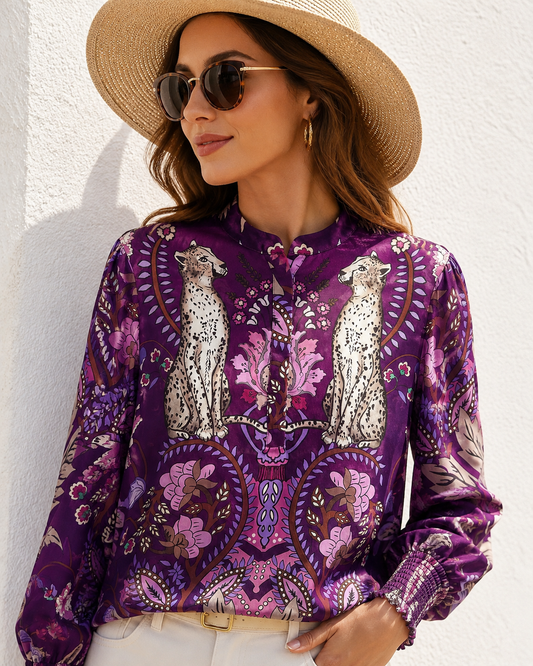 Yippie Hippie Damenbluse – Viskose Boho Bluse mit Leopardenmuster