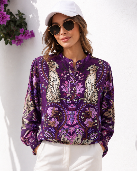 Yippie Hippie Damenbluse – Viskose Boho Bluse mit Leopardenmuster