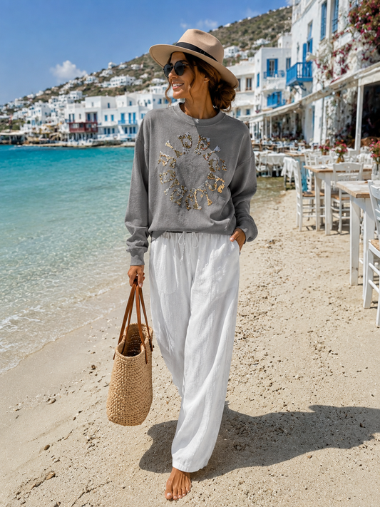 Yippie Hippie Pailletten Sweatshirt Grau – Glamour Pullover mit Gold & Silber Glitzer | Damen Sweatshirt Premium Look