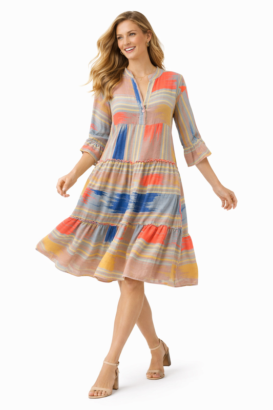 Boho Sommerkleid Damen Multicolor – Ethno Kleid mit Volantärmeln (Gr. 38-42)