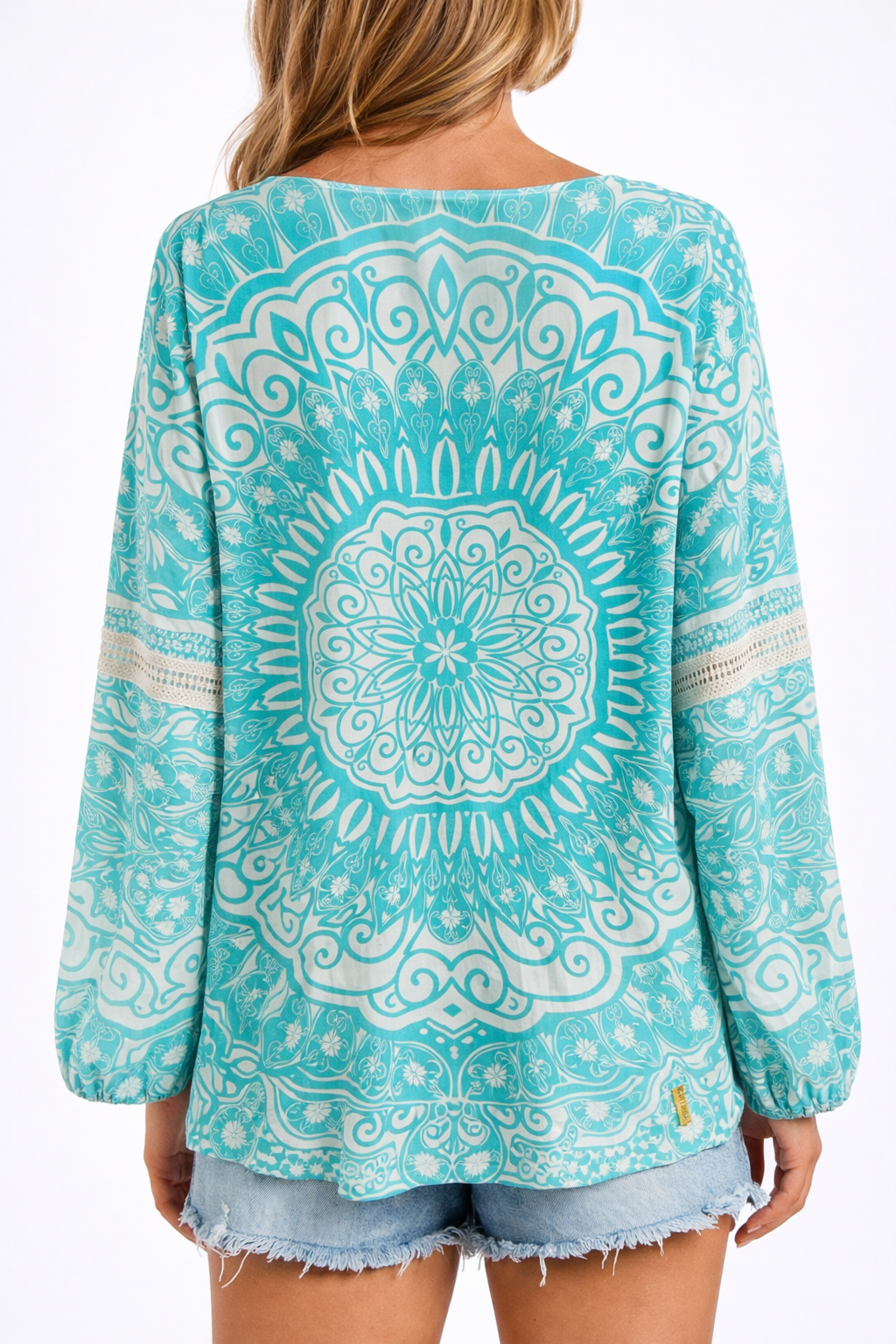 Hippie Hippie Damen Bluse Tunika mit Mandala-Print – Türkis, Baumwolle & Viskose