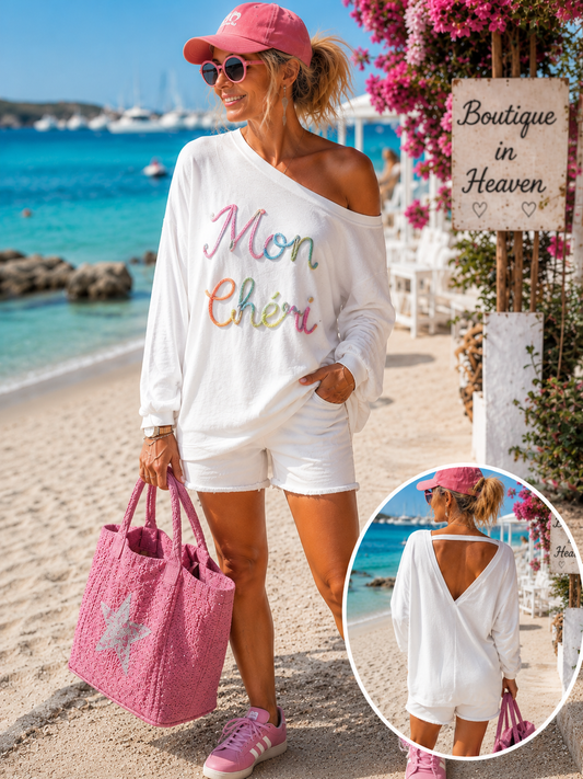 Damen Sweatshirt Mon Chéri Off-Shoulder Longshirt mit V-Rücken Weiß & Hellgelb Oversize 40–46