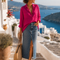 Damen Leinenbluse Bordeaux/Fuchsia M/L – luftige Sommerbluse mit Hemdkragen | Boutique in Heaven