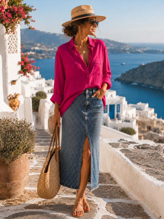 Damen Leinenbluse Bordeaux/Fuchsia M/L – luftige Sommerbluse mit Hemdkragen | Boutique in Heaven