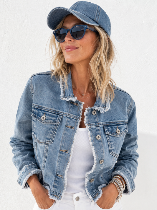 💙 Vintage Denim – Jeansjacke mit Fransen-Details 38-40