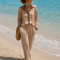 Velours-Hose Sandbeige – Komforthose mit Ziernähten & Baggy-Touch | 38–42 tragbar