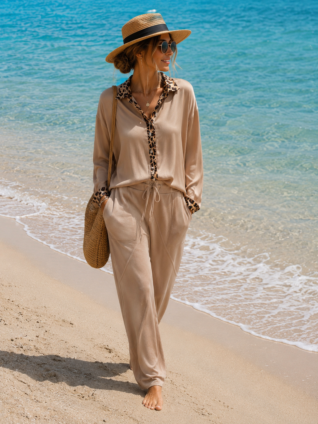 Velours-Hose Sandbeige – Komforthose mit Ziernähten & Baggy-Touch | 38–42 tragbar