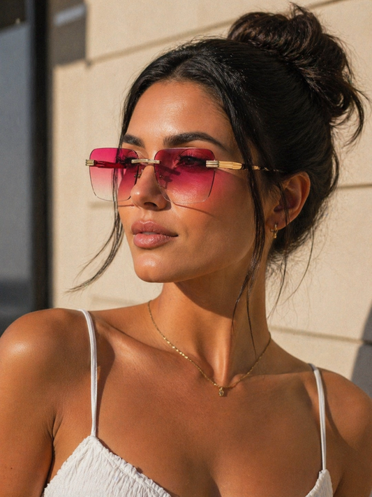Luxury Shield Sonnenbrille Damen – Rahmenlos mit Gold-Detail | Verlaufsgläser in Blau, Pink, Schwarz & Braun
