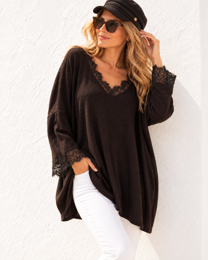 Oversize Pullover leicht und dünn Basic in Dunkelbraun mit Spitze V-Ausschnitt One Size 40–48 Viskose