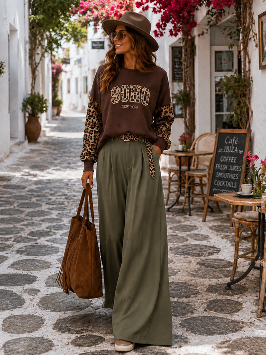 Marlenhose Oliv mit Leo-Gürtel – Elegante Wide-Leg-Hose | 38–42