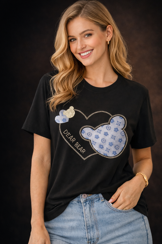 Damen T-Shirt in Schwarz  Baumwollshirt mit Bärenkopf (38-42)