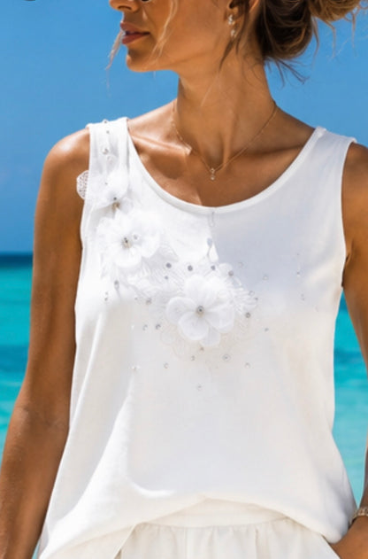Blumen-Top Rosa mit Perlenbesatz – Romantisches Sommertop mit 3D-Blüten 34-38