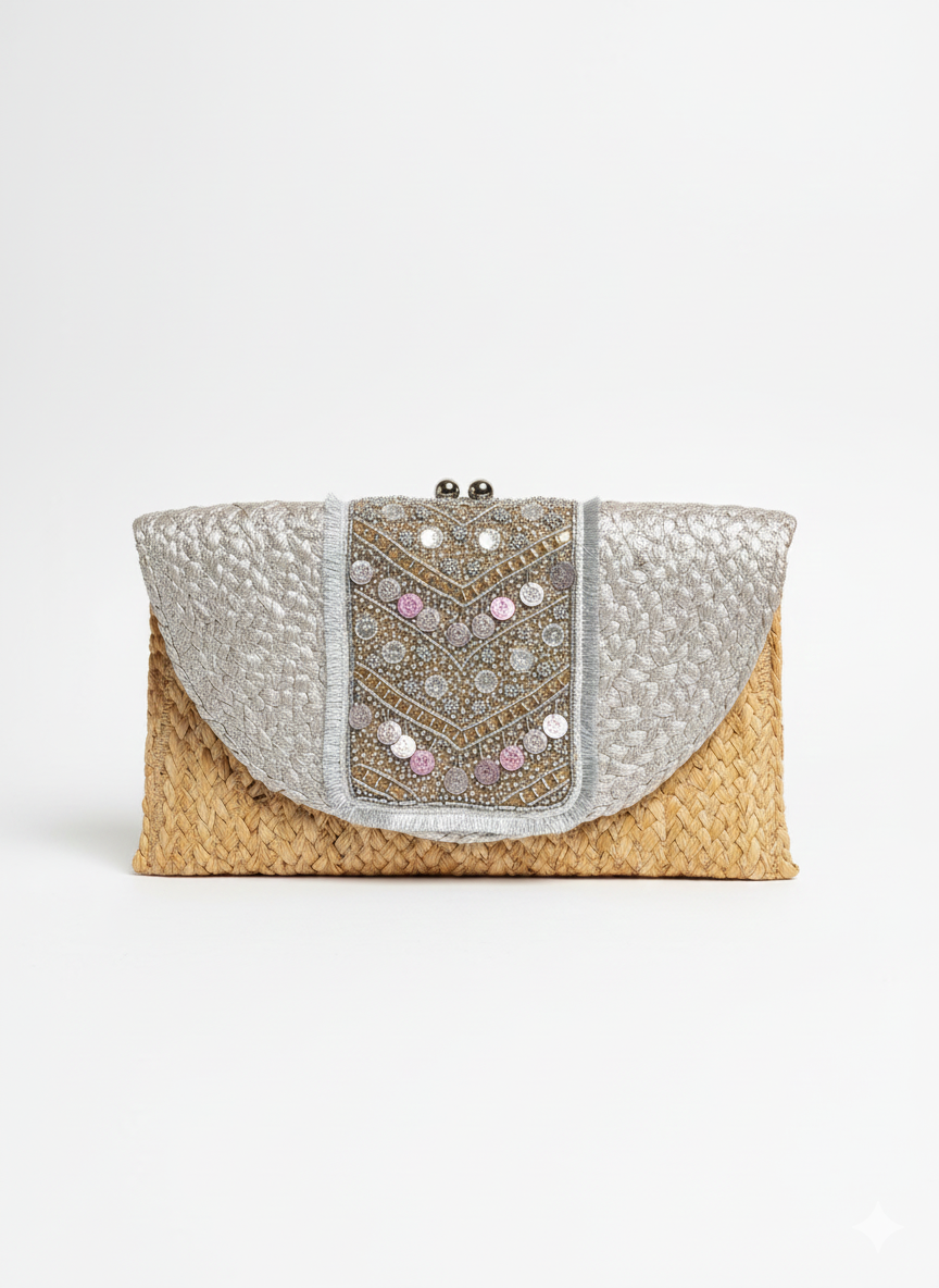 Damen Strohtasche Clutch – Boho Tasche mit Schulterriemen & Druckknopf | Sommer & Urlaub