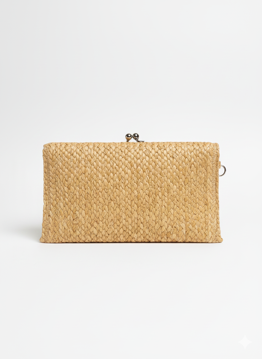 Damen Strohtasche Clutch – Boho Tasche mit Schulterriemen & Druckknopf | Sommer & Urlaub