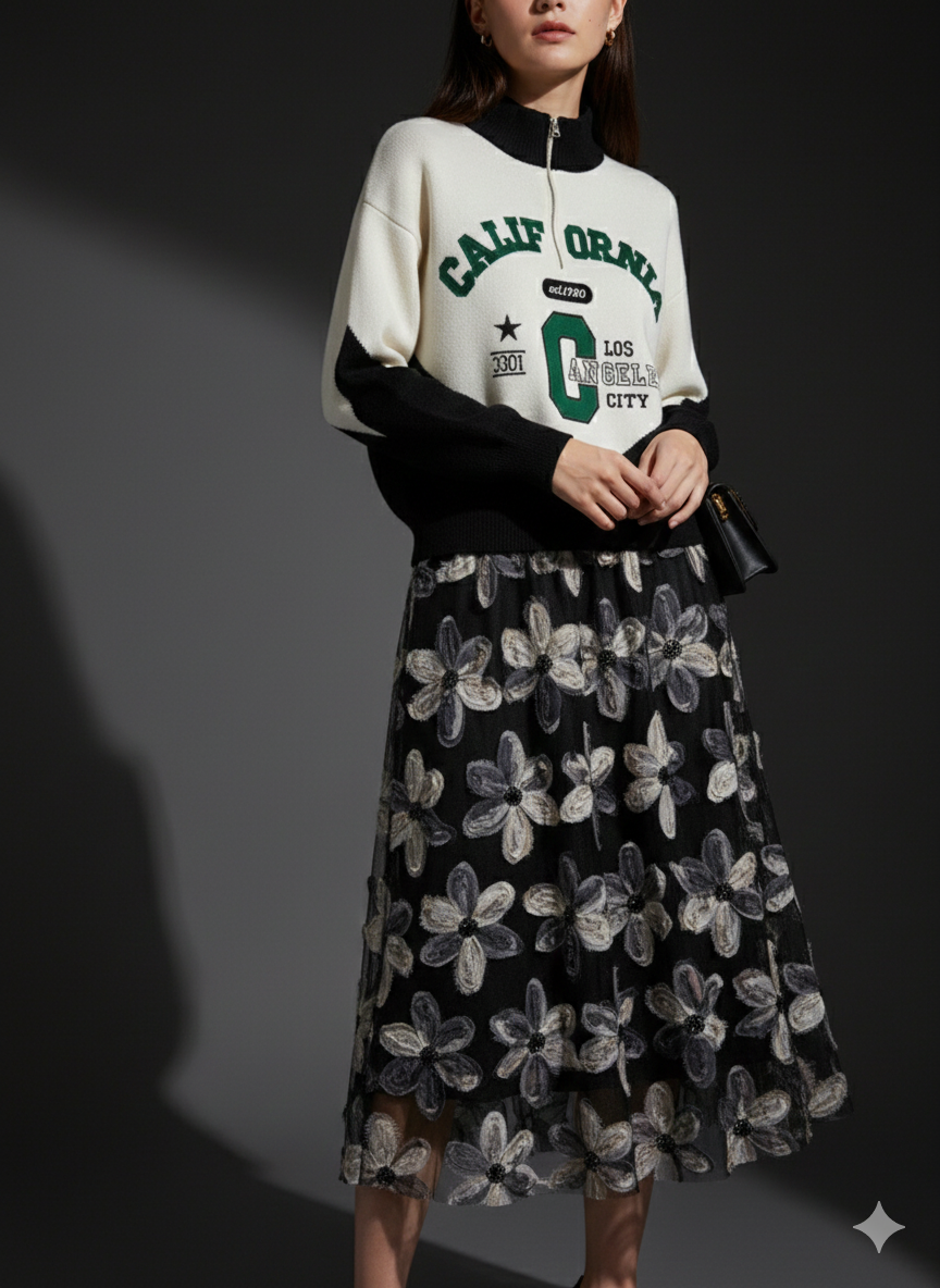 Damen Midirock Schwarz mit Blumenmuster – Eleganter Rock mit elastischem Bund