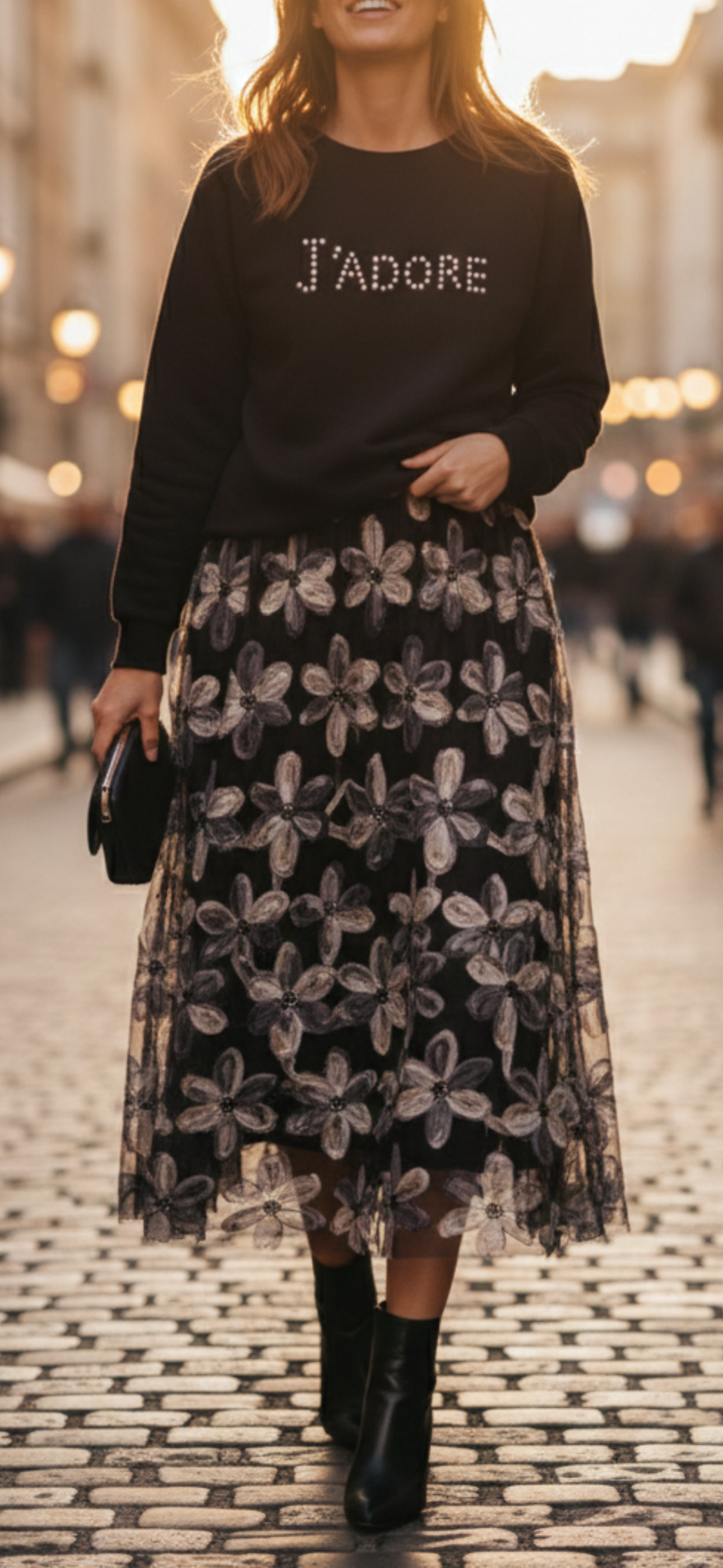 Damen Midirock Schwarz mit Blumenmuster – Eleganter Rock mit elastischem Bund