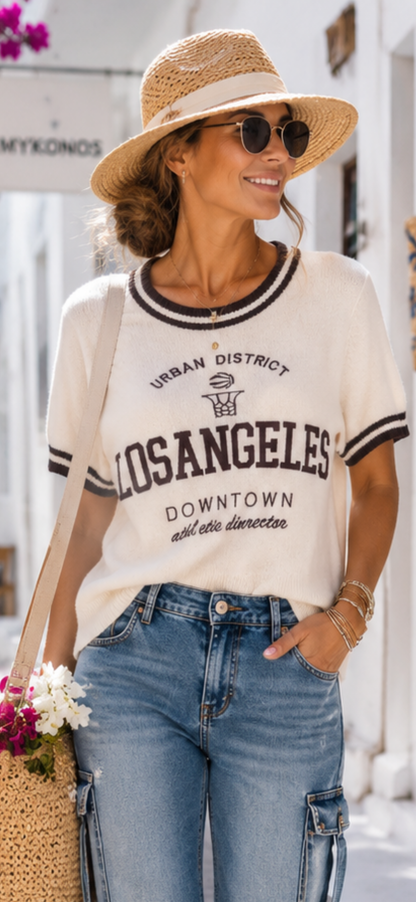 Los Angeles Damen Strickshirt Creme | Kurzarm Feinstrick Pullover mit Viskose | Boutique in Heaven 36-40