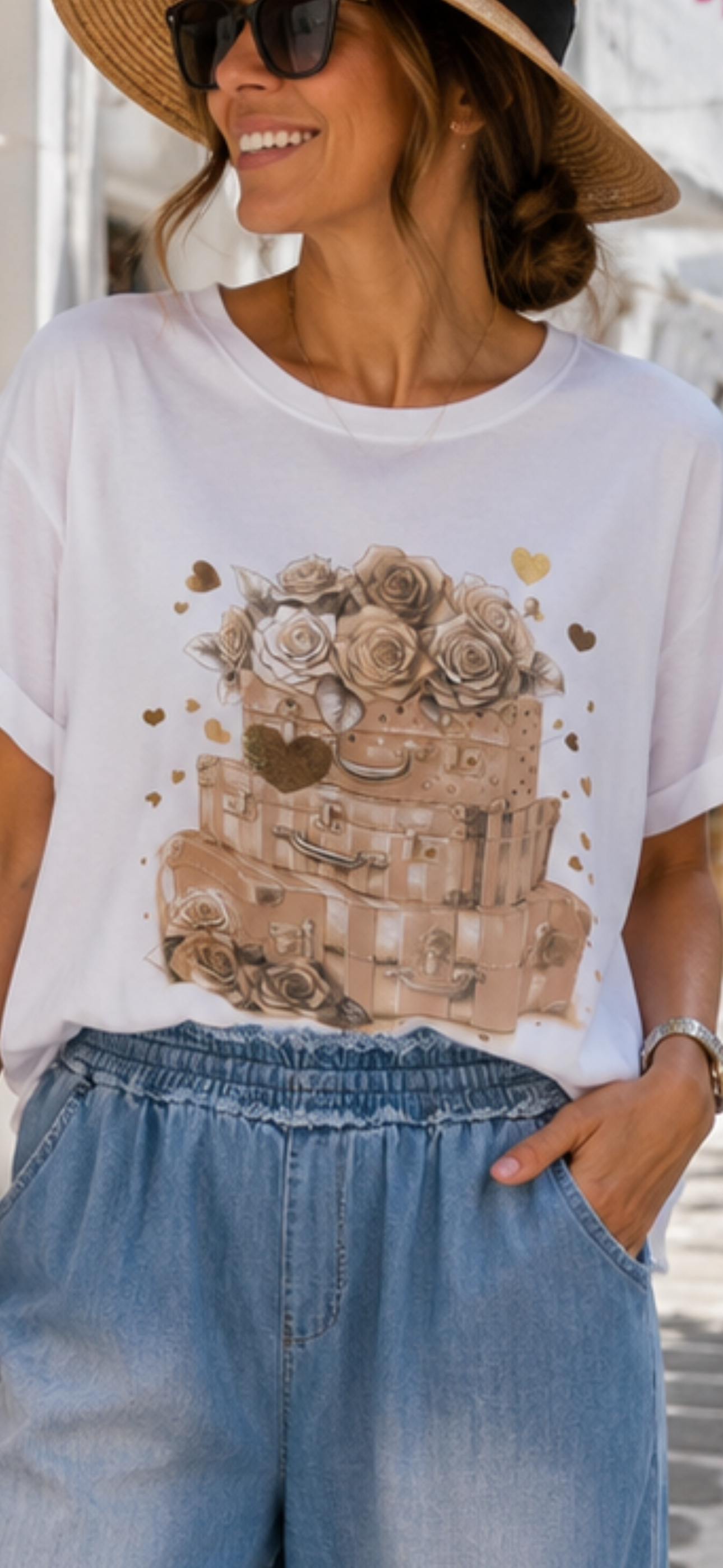 Curvy T-Shirt Travel Love White | Women's Shirt with Suitcase Print | 40–48