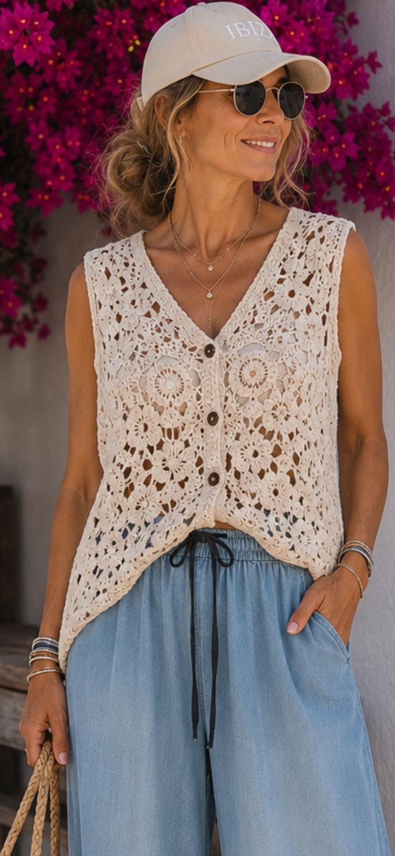🌸 Ibiza Dreams Damen Häkelweste – Boho-Luxus mit Schmuckkette 38-42